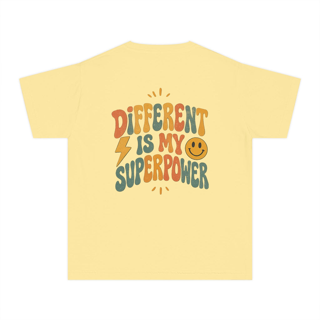 Youth T-Shirt — “Different Is My Superpower” Retro Pride Graphic Tee