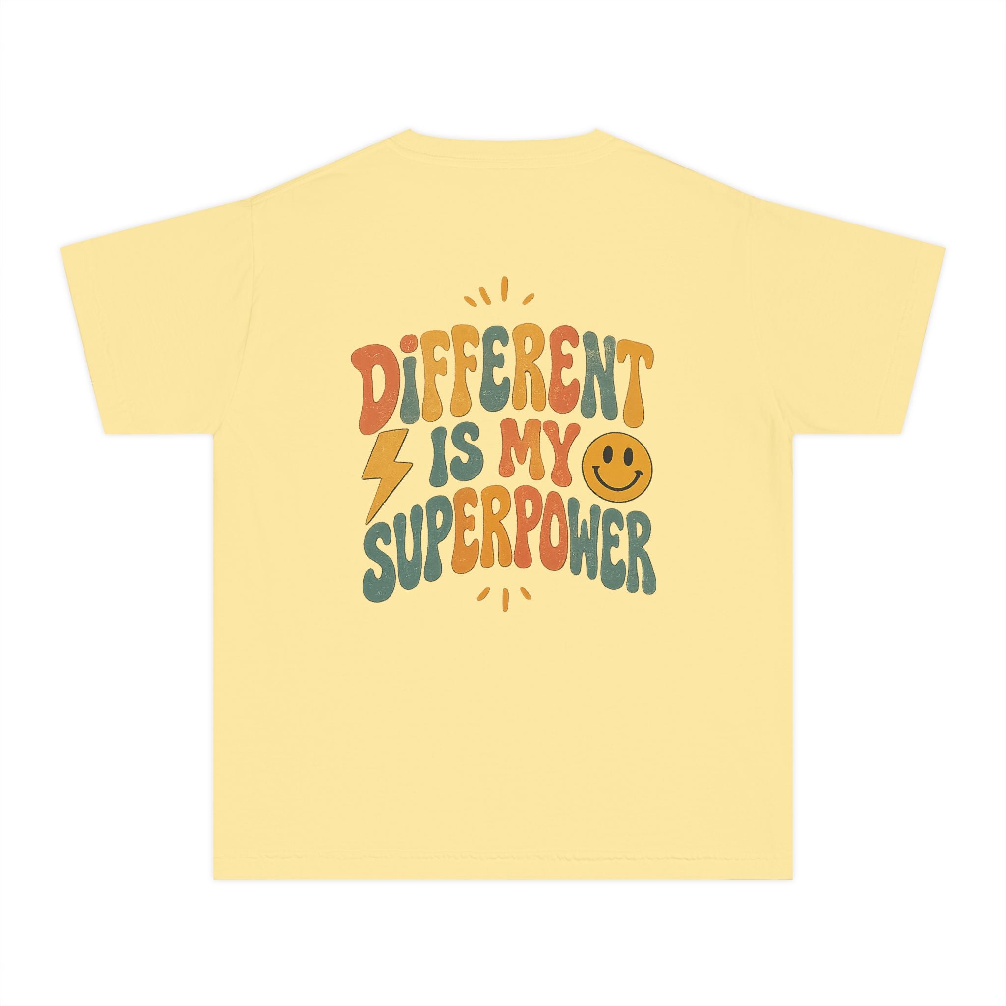 Youth T-Shirt — “Different Is My Superpower” Retro Pride Graphic Tee