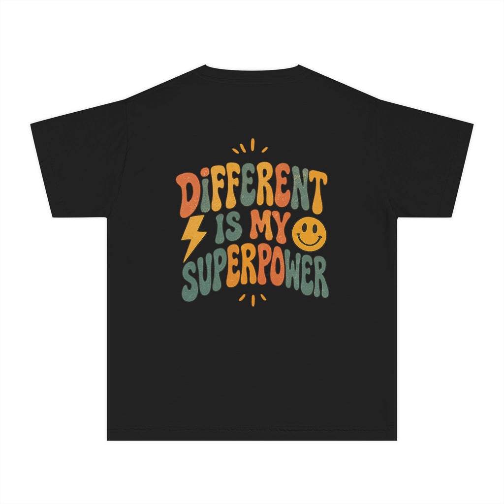 Youth T-Shirt — “Different Is My Superpower” Retro Pride Graphic Tee