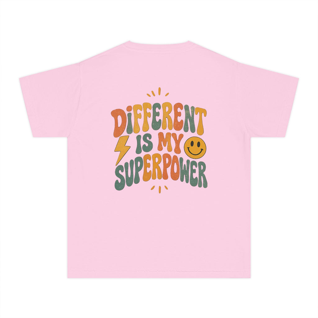 Youth T-Shirt — “Different Is My Superpower” Retro Pride Graphic Tee