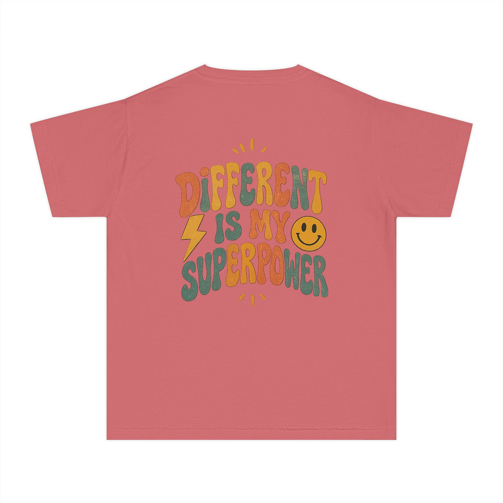 Youth T-Shirt — “Different Is My Superpower” Retro Pride Graphic Tee