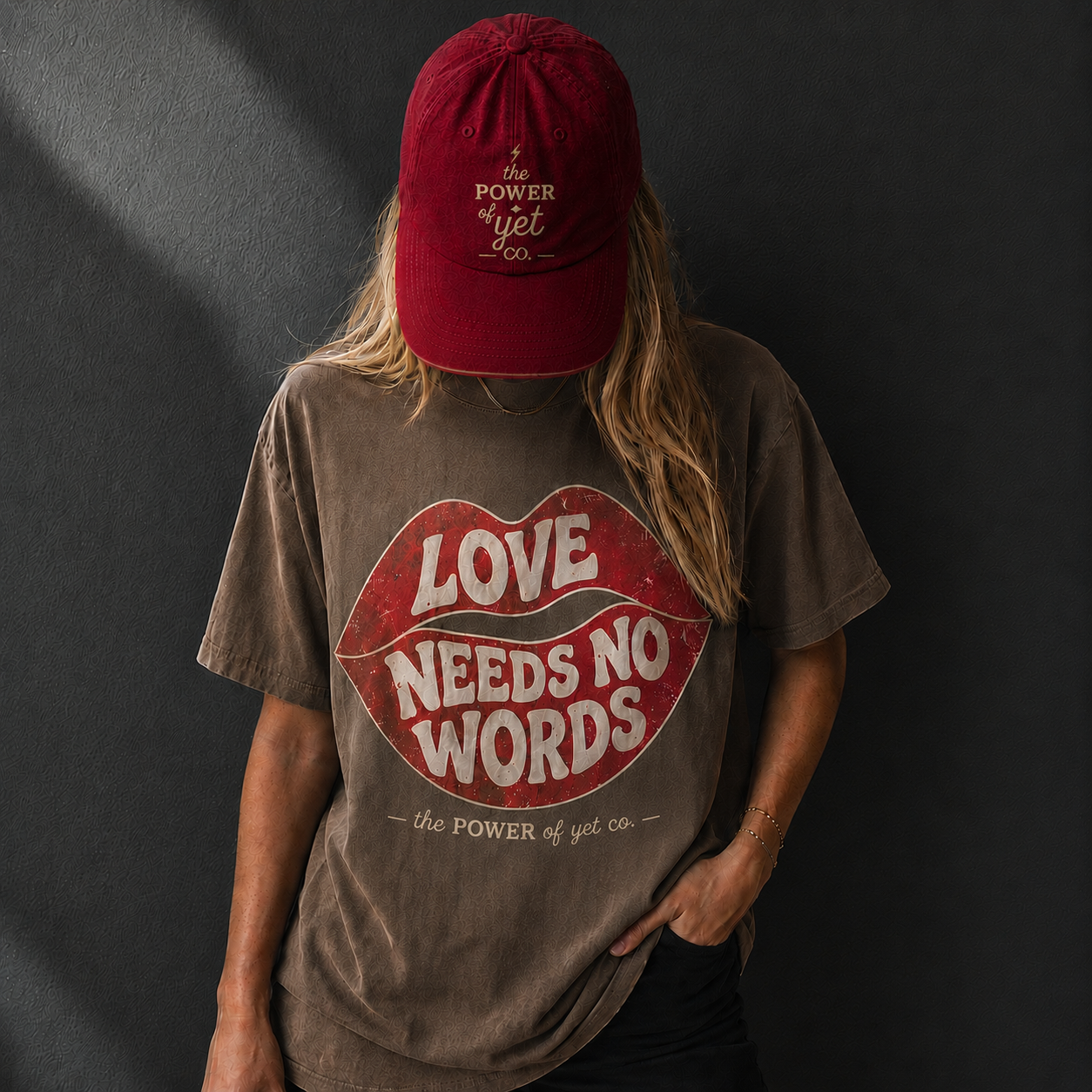 Love Needs No Words Mineral Wash T‑Shirt — Vintage Red Lip Graphic Tee