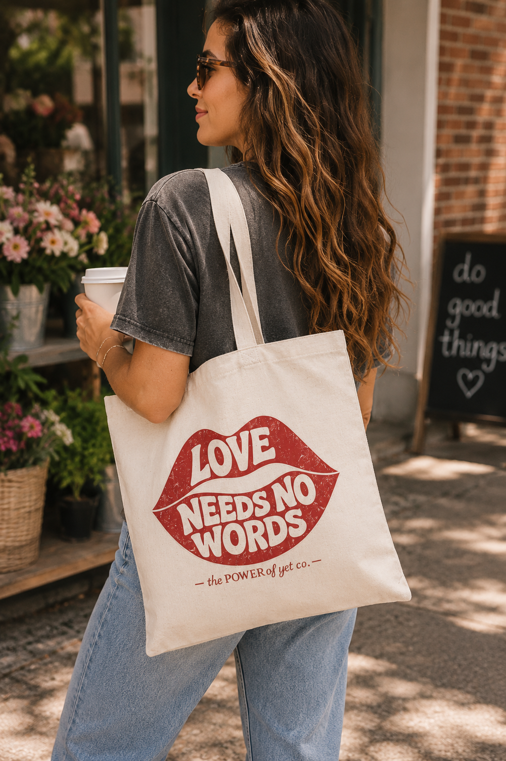 Love Needs No Words Tote Bag — Retro Lip Graphic Canvas Shopper