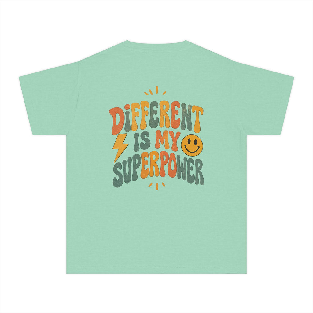 Youth T-Shirt — “Different Is My Superpower” Retro Pride Graphic Tee