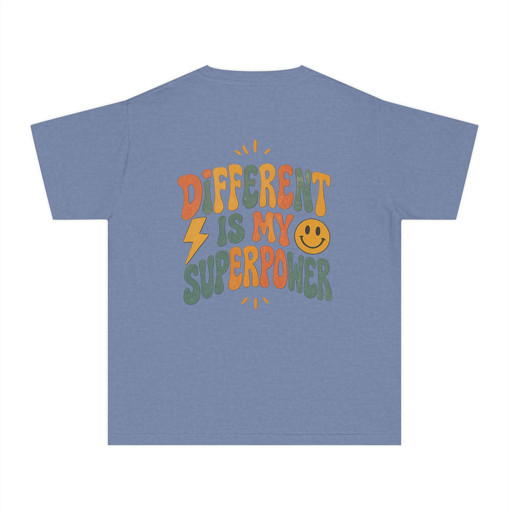 Youth T-Shirt — “Different Is My Superpower” Retro Pride Graphic Tee